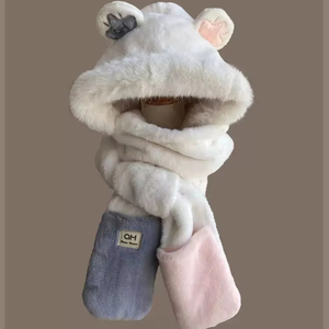 Bonnet en fourrure de lapin Imitation d'hiver pour femmes chapeau gants écharpe ensemble épais chaud équipement d'équitation en plein air avec motif brodé Long - Product Image 6