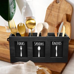 Boîte de rangement pour couverts en bois, adaptée aux fourchettes, cuillères, couteaux, pour le rangement et l'organisation des couverts sur le comptoir de cuisine. - Product Image 1
