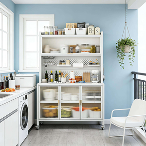 Moderner Stehender Stahlschrank mit Schiebetüren, Rollen und Haken, Extra Große Kapazität für Topfaufbewahrung in Küche und Esszimmer - Product Image 3