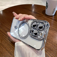 Nouvelle Mode Coque Antichoc Transparente Diamant Scintillant Magnétique à Chargement avec Protection Lentille pour iPhone 11-16 Pro Max Plus