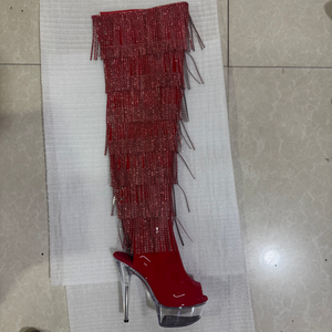 Bottes d'été pour femmes à talon aiguille de 15 cm, au-dessus du genou, à pampilles, semelle transparente en PVC, franges en strass, fermeture éclair, rehaussantes - Product Image 2