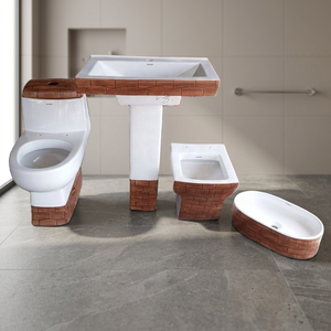 Latest Wooden Double Color Designer Art Modern One Piece Toilet with Wall Hung Wash <b>Basin</b> Pedestal and Table Top Sink Lavabo Set - Product Image 3