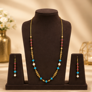 Gold Plated Multicolor Beaded Pendant Necklace Set Turquoise Ruby Pearl Style <b>Chain</b> Jewelry for Women - Product Image 1
