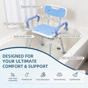 Chaise de douche robuste avec accoudoirs et dossier pour personnes <span class=keywords><strong>âgée</strong></span>s et handicapées, tabouret de douche réglable en hauteur pour l'intérieur de la douche - Product Image 6