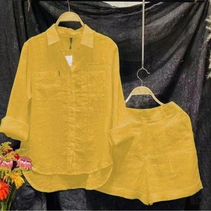 Completo Estivo da Donna 2024 in Cotone e <span class=keywords><strong>Lino</strong></span>, <span class=keywords><strong>Camicia</strong></span> a Maniche Lunghe <span class=keywords><strong>con</strong></span> Pantaloncini, Set Due Pezzi all'Ingrosso - Product Image 4