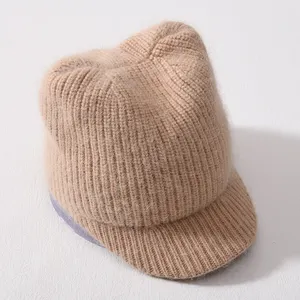 Chapéu de malha personalizado de dupla camada quente de cor sólida para uso ao ar livre gorro de caxemira bonito de inverno para mulheres com orelhas
