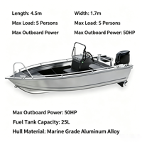 Nouveau bateau de pêche à console centrale en aluminium diesel de 4,5 m (15 pieds) pour 5 personnes, coque en V, hors-bord max. 50 CV pour la pêche en mer