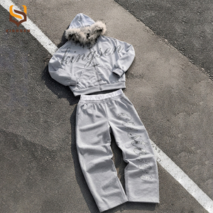 Custom Men Winter 100% Cotton Terry Breathable Vintage Screen Printed Embroidery Fur Colla Zip Distressed Hoodie <b>Sweatpants</b> <b>Set</b> - Product Image 1