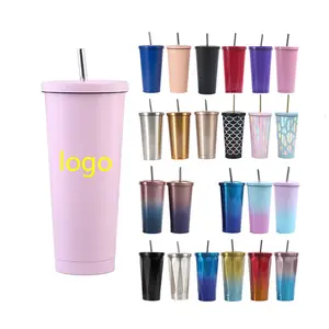 High quality custom logo printed multiple color insulated 500ml stainless steel coffee mug with straw