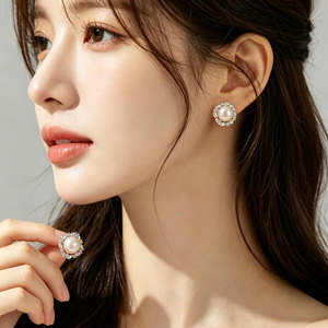 Freshwater Pearl <b>Stud</b> <b>Earrings</b> With Zirconia S925 <b>Silver</b> Needles Flower Shape Everyday Wear - Product Image 2