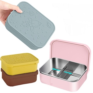 Hot Sale 304 stainless steel square double <b>compartment</b> removable <b>lunch</b> <b>box</b> <b>with</b> silicone cover <b>lunch</b> <b>box</b> - Product Image 1