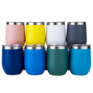 Luxury Double Wall Insulated Stainless Steel Stemless 12 Oz Powder Coated Coffee Wine Glass Tumbler Beer Cups Sliding Lid Custom - Product Image 1