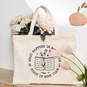 Borsa Tote Personalizzata con Motivo 'What Happens in Book Club Stays in Book Club' in Tela, Borsa a Spalla Riutilizzabile da Viaggio per Donne - Product Image 1