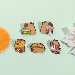 Mignon Capybara Animal émail broche dessin animé hippopotame avec Hamburger frites broches en métal revers Badge bijoux cadeau pour les amis - Product Image 3