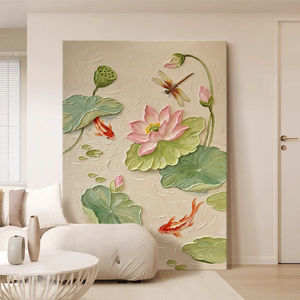 Creamy Lotus And Koi Fish Hand Painted Oil Painting Large Scale Decorative Art For Living Room Dining Room Entrance Hall - Product Image 3