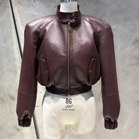 Veste en cuir véritable courte à manches raglan pour femme, veste bomber en cuir véritable