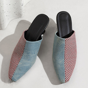 Women Color Mixed Sandals Big Size 48 Sexy Dress Stiletto Low Heels Pointy Toe on Mules Patchwork Slippers <b>Shoes</b> - Product Image 1