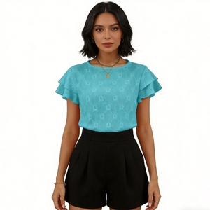 Blusa de mujer con bordado de ojales y mangas con volantes - Camisa de verano de cuello redondo y ajuste holgado a la moda - Product Image 3