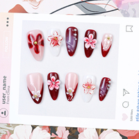 Vente en gros de faux ongles en gel peints à la main, magnifiques, luxueux, design personnalisé, 10 pièces, fleurs 3D, faux ongles faits à la main