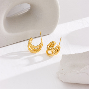 C-Shaped Multi Layered <b>Huggie</b> Earrings Gold Stainless Steel Geometric Design Unisex Fashion Jewelry - Product Image 4