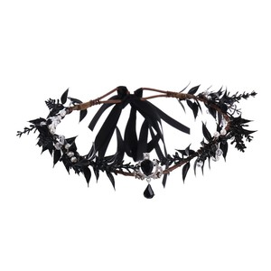 Serre-tête de mariée fait main style baroque rétro noir avec guirlande de cristaux, feuilles artificielles et rubans – Couronne de mariage - Product Image 1