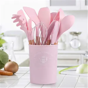 Conjunto de utensílios de cozinha de silicone para cozinhar, acessórios de cozinha com 12 peças, utensílios de cozinha com alças de madeira natural