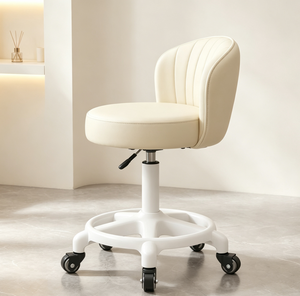 Modern Adjustable Swivel <b>Vanity</b> <b>Chair</b> Upholstered Round Seat Rolling Studio <b>Chair</b> <b>with</b> Footrest - Product Image 2