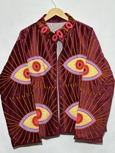 Women's <b>Velvet</b> <b>Blazer</b> Hand Embroidered Eye Pattern Full Sleeve Autumn Style Turn-down Collar Geometric Design - Product Image 3