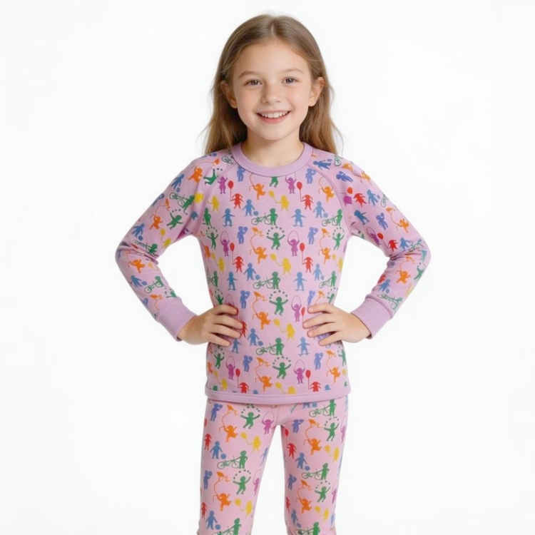 Children's 100% Merino Wool Jacquard Knitted Roundneck Underwear Set Girls Printed Thermal Outdoor Sports Base Layer
