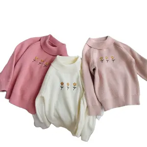 Autumn/Winter girl's sweater Flower sweet pullover lapel Korean knitted embroidered top