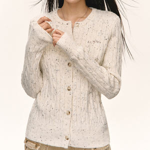 <span class=keywords><strong>Cardigan</strong></span> da Donna in Maglia a Trecce Crema con Motivo Maculato - Top Casual Retrò per Uso Quotidiano - Product Image 5