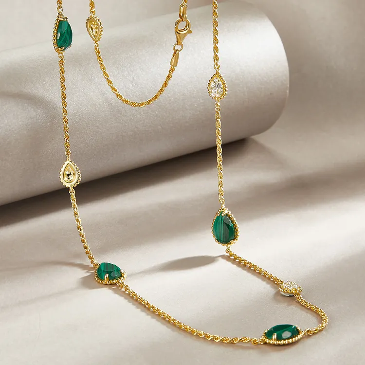 Silver Necklace 925 Trendy 18k Gold Plated Necklace 925 Sterling Silver CZ Zircon Gemstone Charm Necklace Natural Malachite Long Necklaces For Women