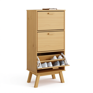 Scarpiera in legno massello di pino con finitura cerata, mobiletto a 3 ripiani per soggiorno e arredamento casa - Product Image 1