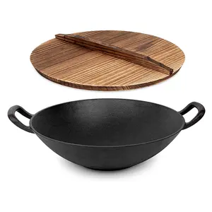 Set wajan Cina kualitas bagus peralatan masak besi cor bulat besar dengan tutup kayu