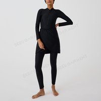 Ensemble burkini modeste noir avec logo personnalisé, fermeture éclair avant, jupe portefeuille et leggings, maillot de bain pour femmes musulmanes, commande en gros sous marque privée