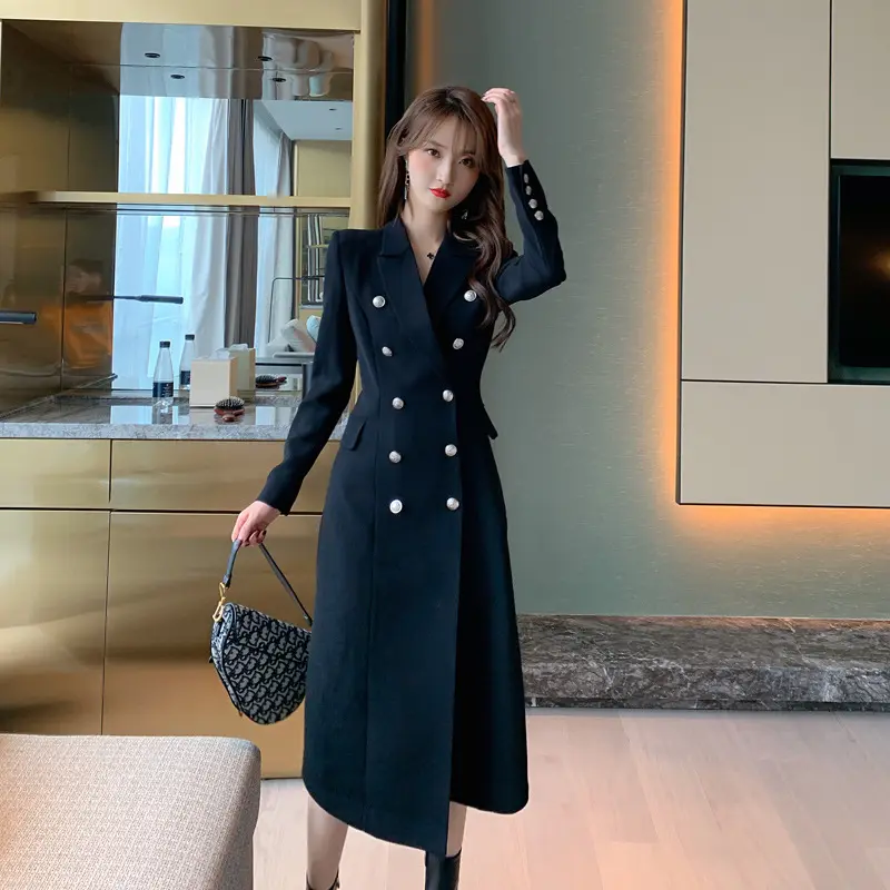 Autumn Women's Fashion Atmosphere Double-breasted Suit Black Women's Elegant Long Coat