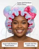 Bonnet de nuit en peluche coton doux de 35 cm avec oreilles, doublure en satin rose, protection pour cheveux bouclés, double couche, pour femmes