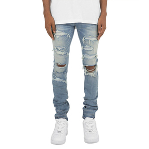 Jeans slim homme haute élasticité avec patchs déchirés aux genoux, style streetwear, pour le dropshipping - Product Image 5