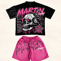 Ensemble de survêtement d'été 2 pièces, T-shirt court et short, coupe ample, impression DTG craquelée, délavé à l'acide, style vintage, logo personnalisé
