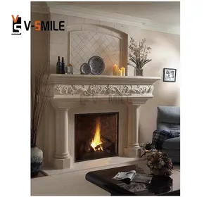 Artistic Modern Fire Surround Fireplace Indoor Decorative Natural Stone Beige Marble Fireplace Surround