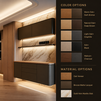 Buffet personnalisé de luxe | Colonne en chêne chaud + armoire en bronze foncé | Revêtement mural en marbre veiné d'or | Éclairage LED | OEM B2B