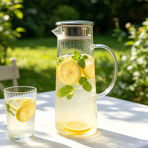 <span class=keywords><strong>Carafe</strong></span> à eau <span class=keywords><strong>en</strong></span> <span class=keywords><strong>verre</strong></span> rayée verticalement résistante à la chaleur, <span class=keywords><strong>en</strong></span> borosilicate, avec couvercle filtrant <span class=keywords><strong>en</strong></span> acier inoxydable - Product Image 1