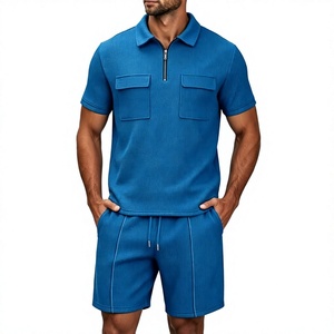 OEM Men's Casual Polo Shirt Shorts 2 Piece Set 1/4 <b>Zip</b> Neck Summer Solid Color Breathable Chest Pocket Customizable Logo - Product Image 1