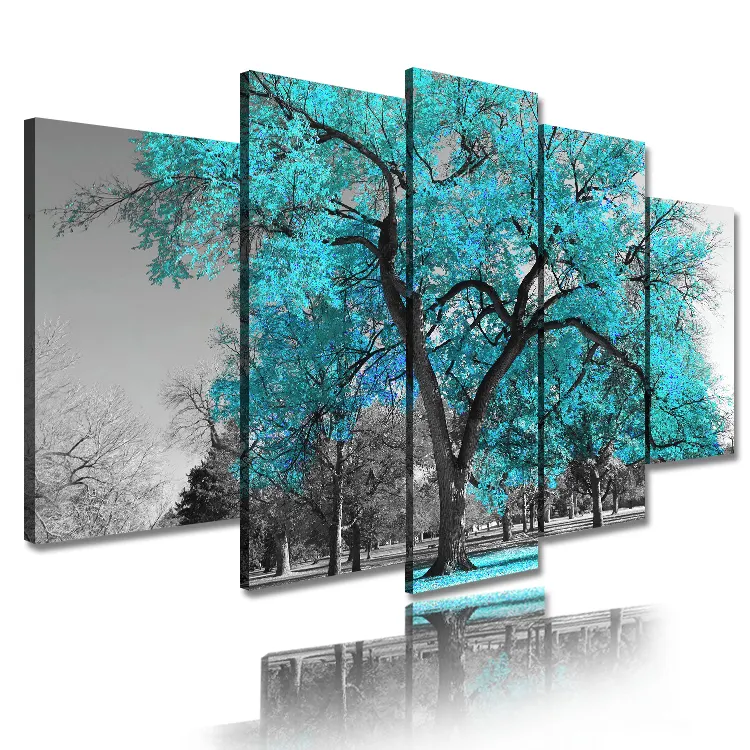 Modern Living Room Decorative Landscape Pictures Print Canvas Teal Posters and Prints Wall Art Tree Painting