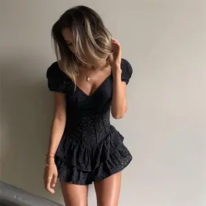 Summer Fashion Lace V Neck Hollow Out Vintage Ruffles Pleated Puff Sleeve Chic Black Corset Party Club Dresses For Ladies