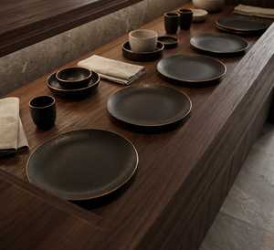 Black Matte Ceramic Round <b>Plate</b> With Gold Rim Western Steak Sashimi <b>Plate</b> Custom Logo For Hotel Restaurant Wholesale - Product Image 4
