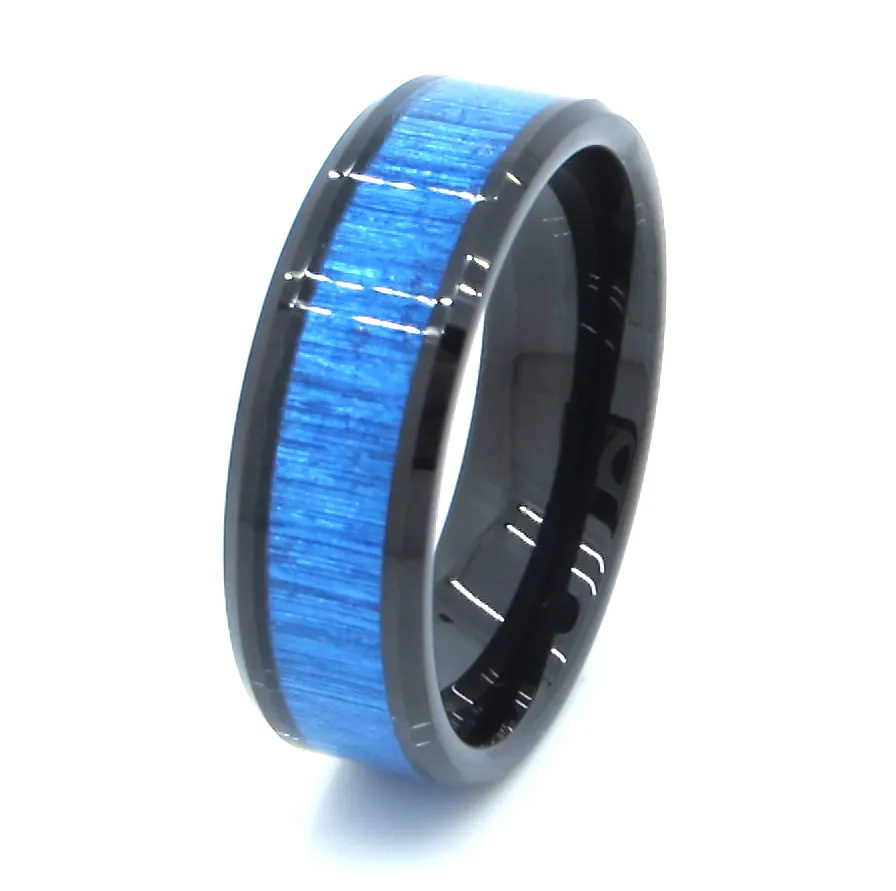Comfort fit personality 8mm blue carbon fiber inlaid beveled black tungsten rings for men women