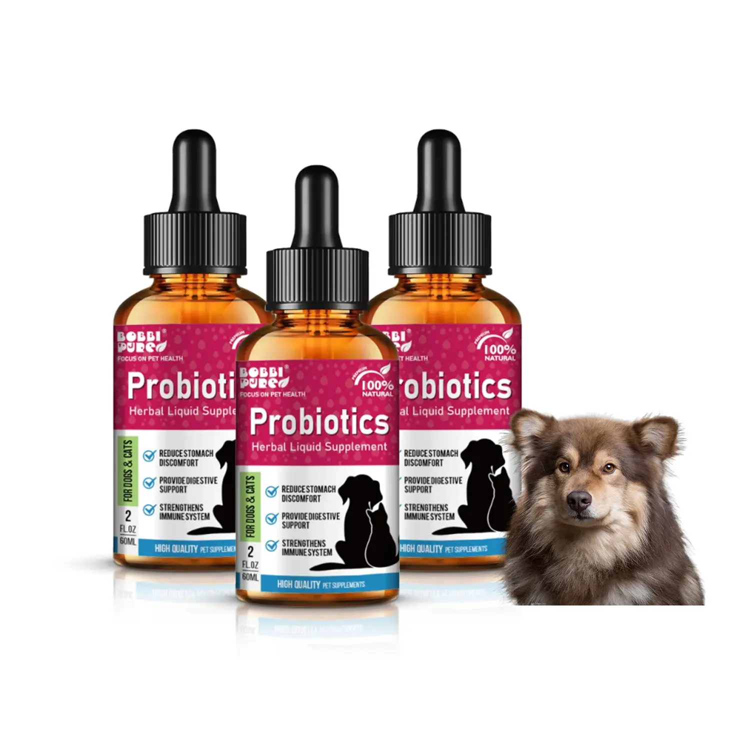 Gran oferta de suplementos naturales probióticos para el cuidado de la salud de mascotas, suplementos líquidos que reducen los problemas estomacales como la hinchazón