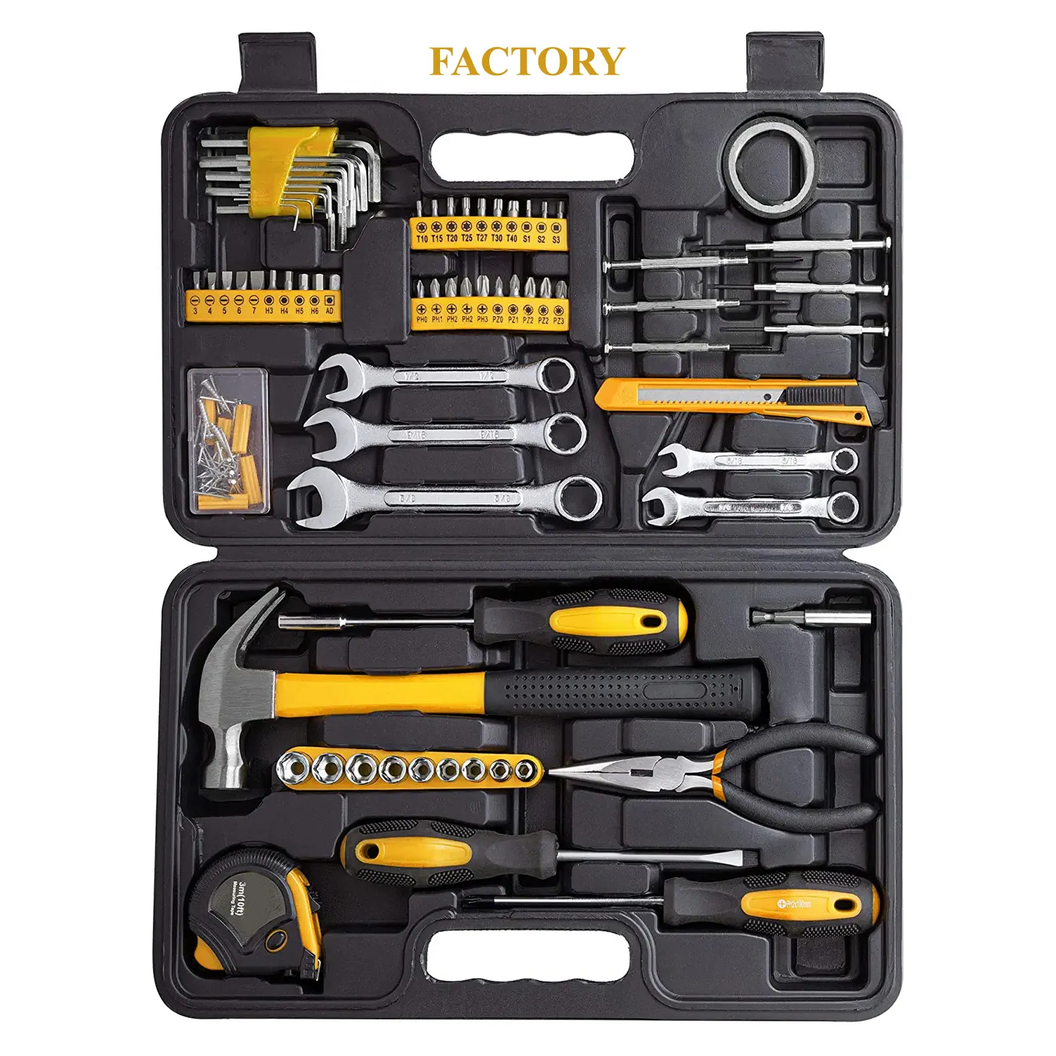 YHTSET008 ensemble d'outils 148 pièces Kit d'outils à main domestique général avec boîte à outils en plastique étui de rangement bleu