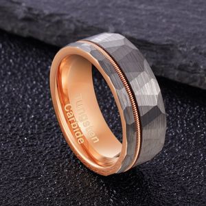 POYA-cuerda de guitarra de oro rosa con incrustaciones, anillo de tungsteno gris, 8mm, dos tonos martillados, banda de boda plana para hombre - Product Image 5